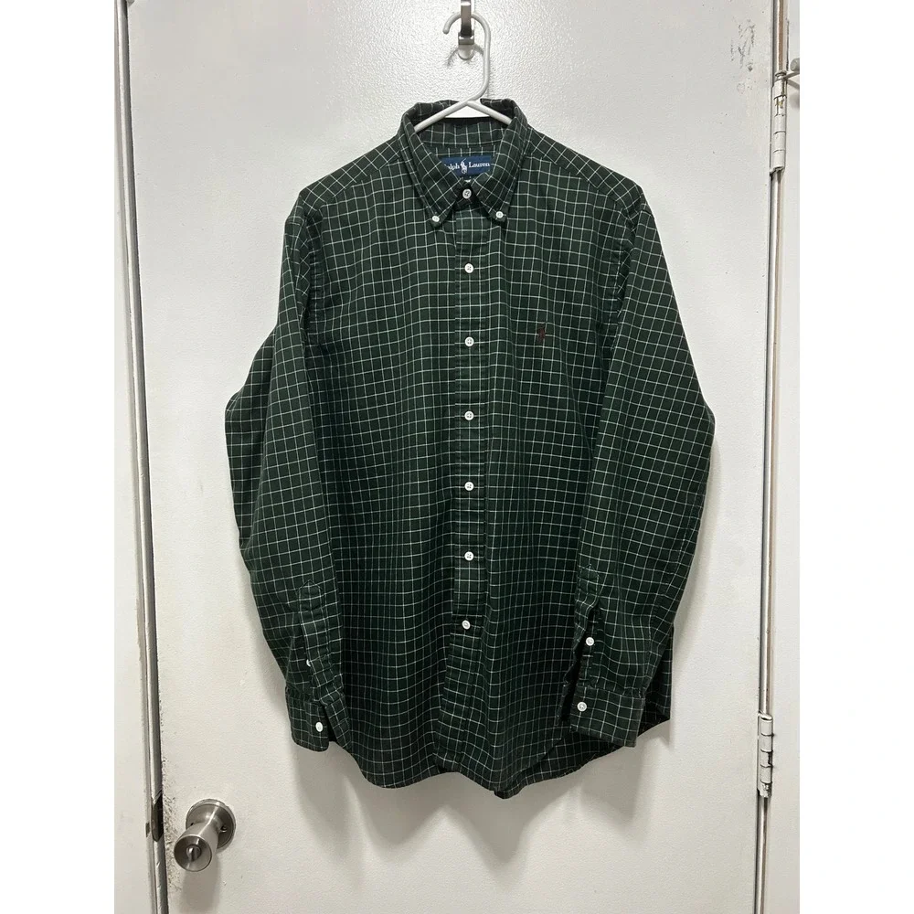 Polo Ralph Lauren Shirt Mens XL Green White Grid Check Button Down Long Sleeve